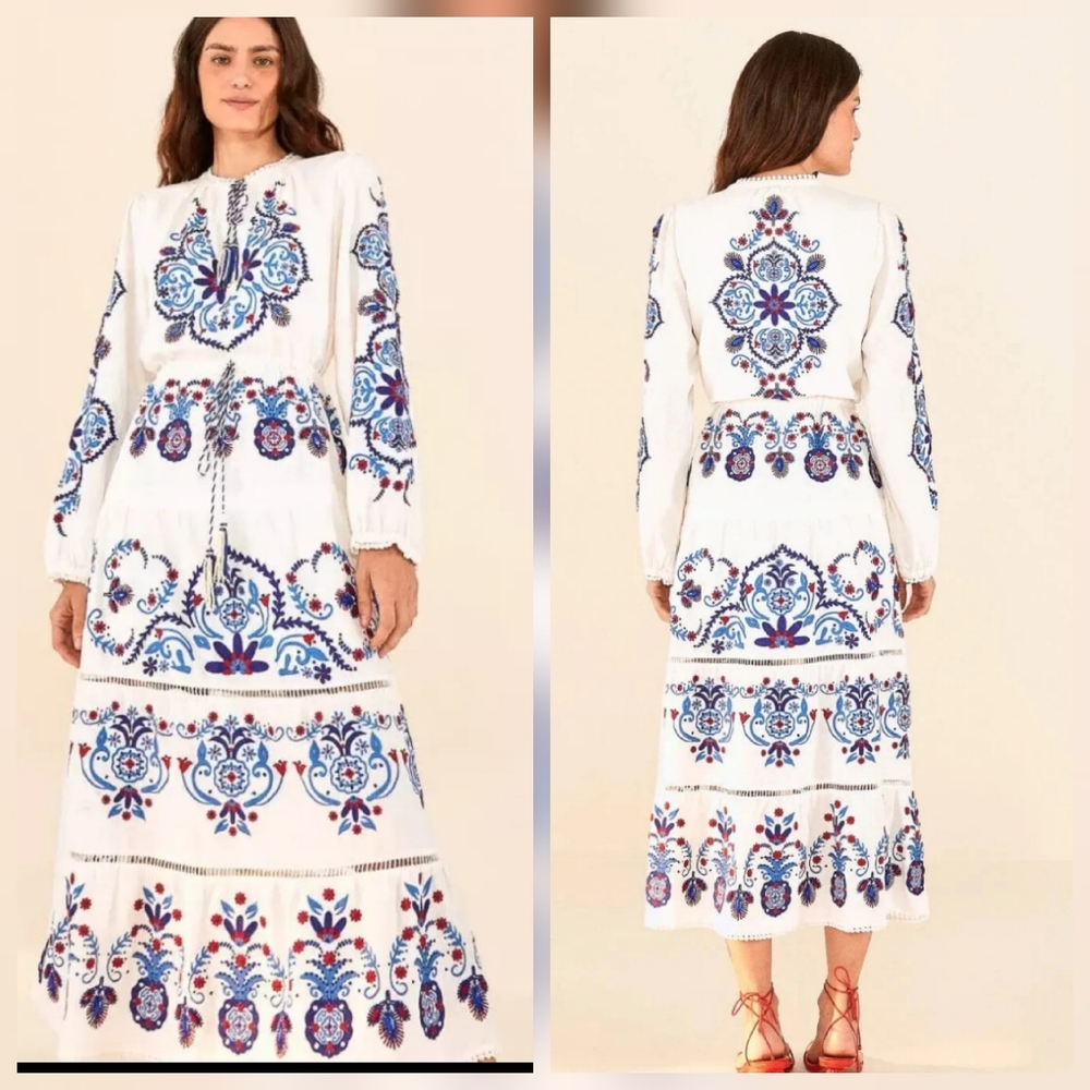FARM Rio White Long-Sleeve Maxi Dress with Blue and Purple Embroidery
